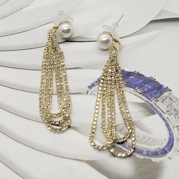Vintage Glamourous Pearl Long Pave Set Crystal Water Drop Earrings - Picture 9 of 15